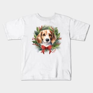 Christmas Beagle Dog Wreath Kids T-Shirt